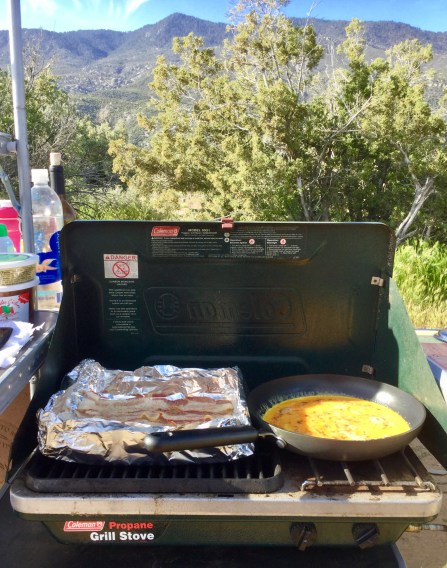 East camping meals, breakfasts, bacon and eggs